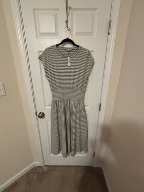 LOFT Striped Midi Fit-and-Flare Dress in Sage Green and White NWT